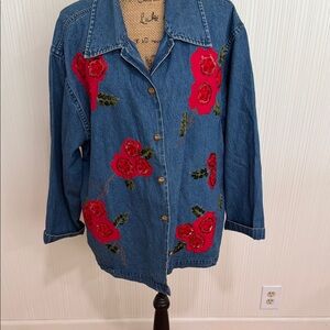 Vintage Tantrums Blue Denim Jacket with Red Floral Embroidery